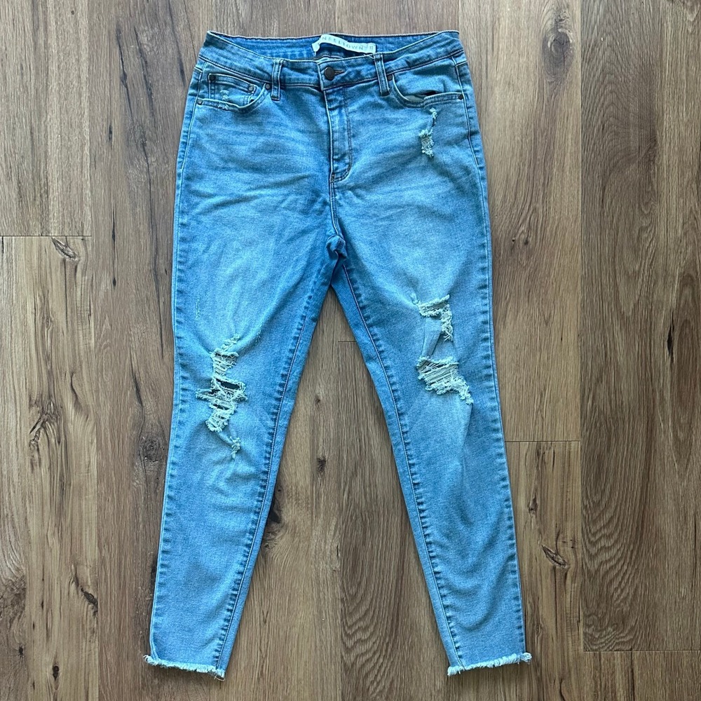 Tinseltown Distressed Skinny Jeans Medium Wash Raw Hem Ripped Denim Womens 11
